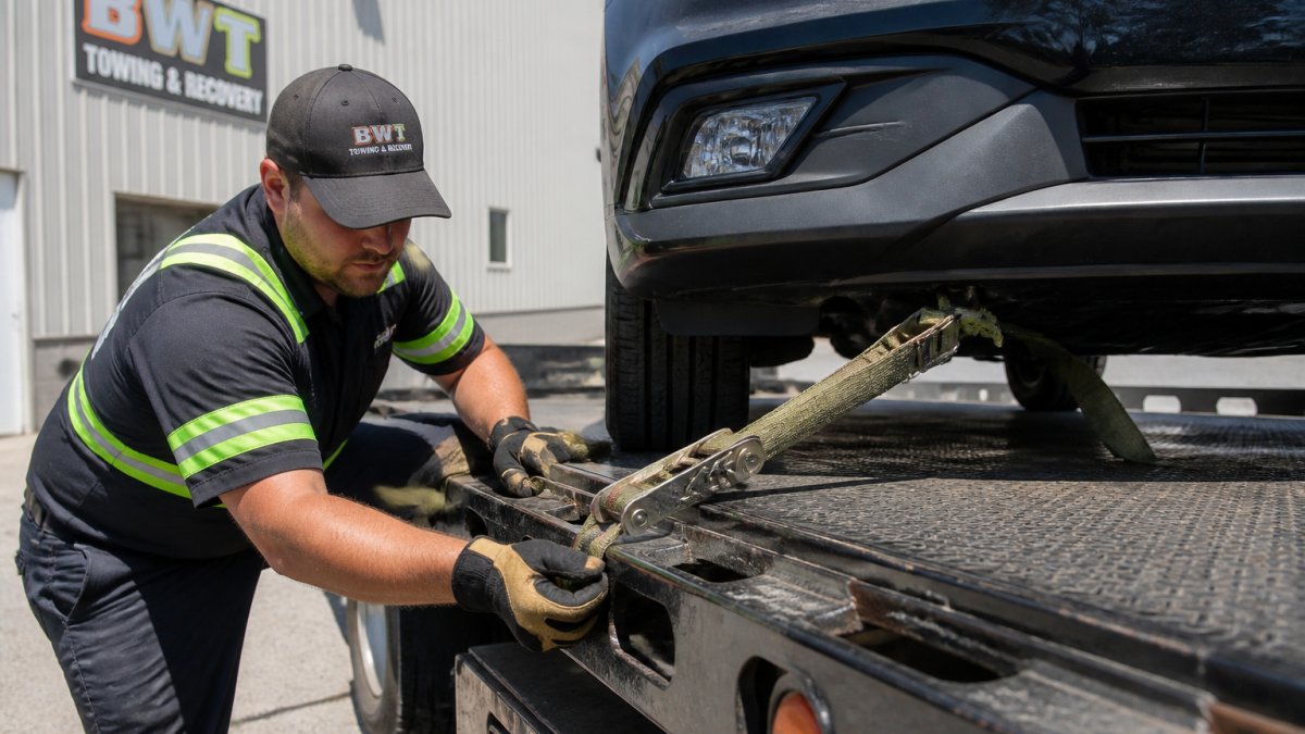 Professional tow truck operator securing a vehicle on flatbed with heavy-duty straps attached to proper frame points, showing correct strap angles and tension adjustment, bright daylight