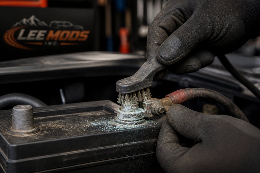Close-up of hands wearing work gloves using a wire brush to clean white and blue corrosion buildup from a battery terminal, with a battery visible in the background
