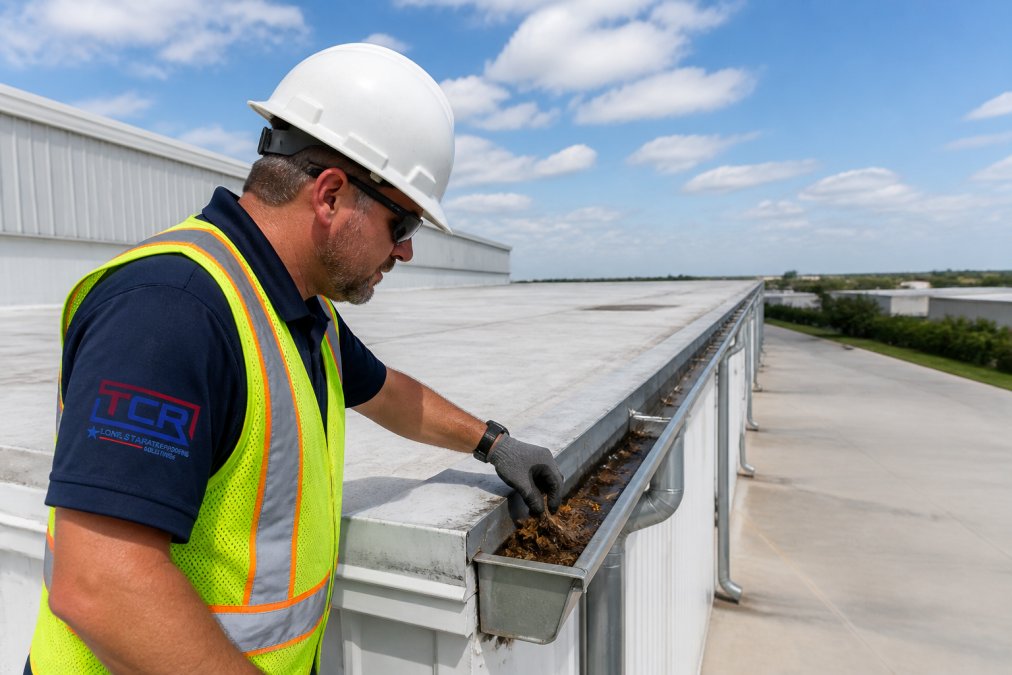 Facility manager performing quarterly inspection of warehouse roof drainage system, checking gutters and downspouts for debris accumulation with clear sky visible
