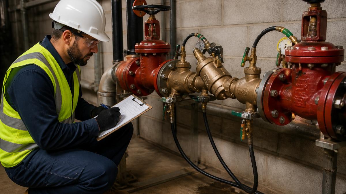 Technician in safety gear testing a backflow valve while preventing water contamination in commercial buildings