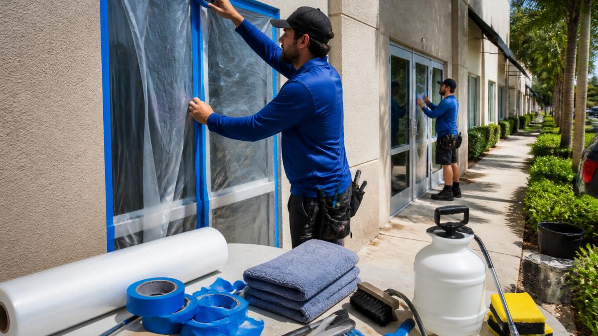 A cleaning technician in safety gear carefully taping plastic sheeting over a commercial building's window frame before pressure washing, with a second worker checking door seals in the background