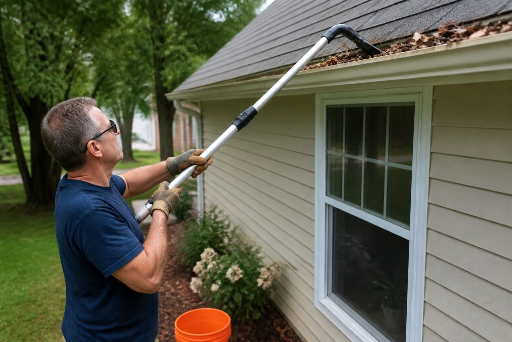 Homeowner using an extended reach tool to clear clogged gutters while standing safely on the ground.