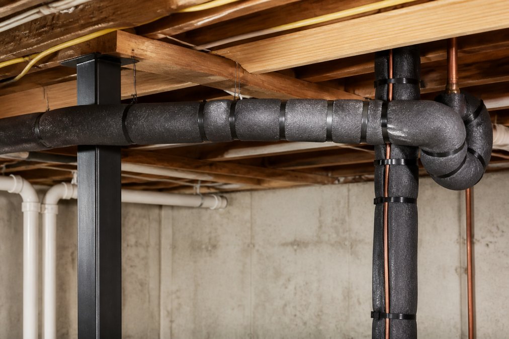 Exposed basement pipes wrapped with foam insulation and heat tape, showing proper winterization technique with clear visibility of the protective materials