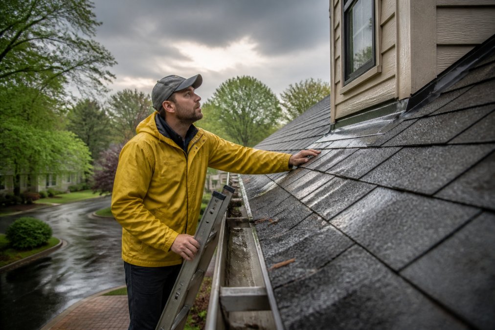 Homeowner inspecting roof shingles from a ladder after a storm, helping in preventing water damage in attic after storms