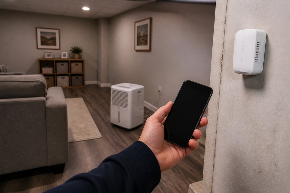 Smart humidity sensor mounted on basement wall with phone displaying real-time moisture alert, dehumidifier running in background