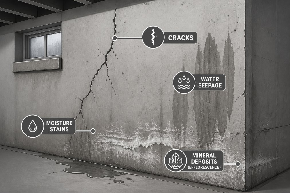 Close-up of foundation wall showing visible cracks, water seepage, and moisture stains on concrete basement wall with mineral deposits and efflorescence patterns