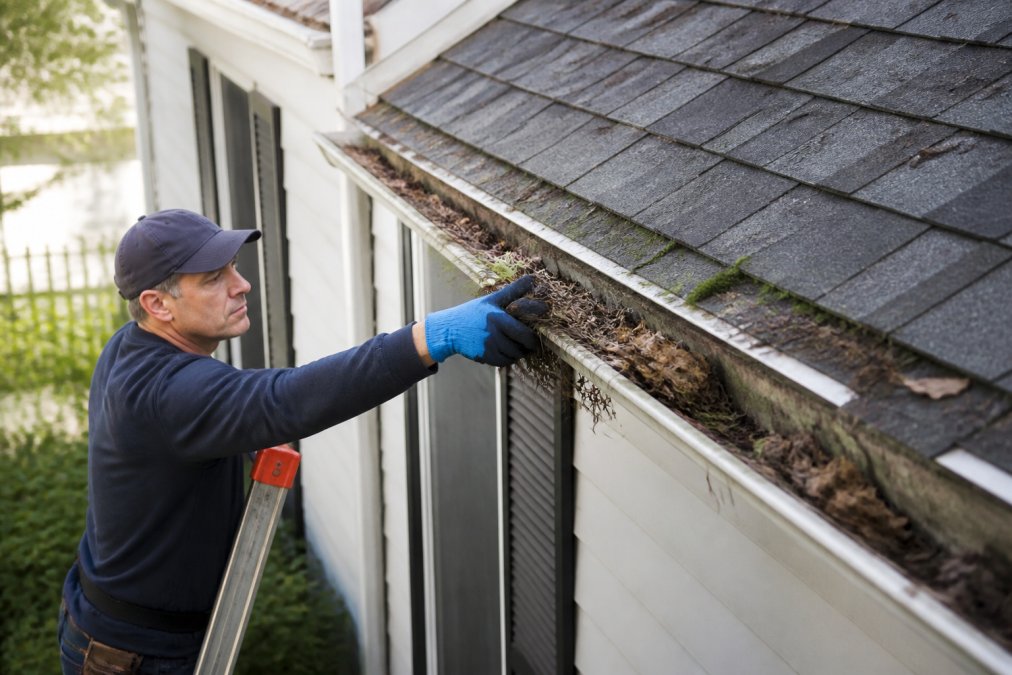 Homeowner on ladder inspecting gutters filled with leaves and debris, cleaning out accumulated sediment from gutter system on older home with visible roof edge
