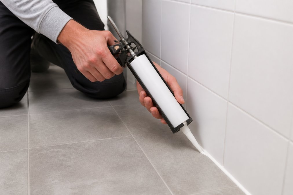 Close-up of hands applying silicone sealant along the base of a bathroom tile wall, with a caulking gun and clean white tiles visible