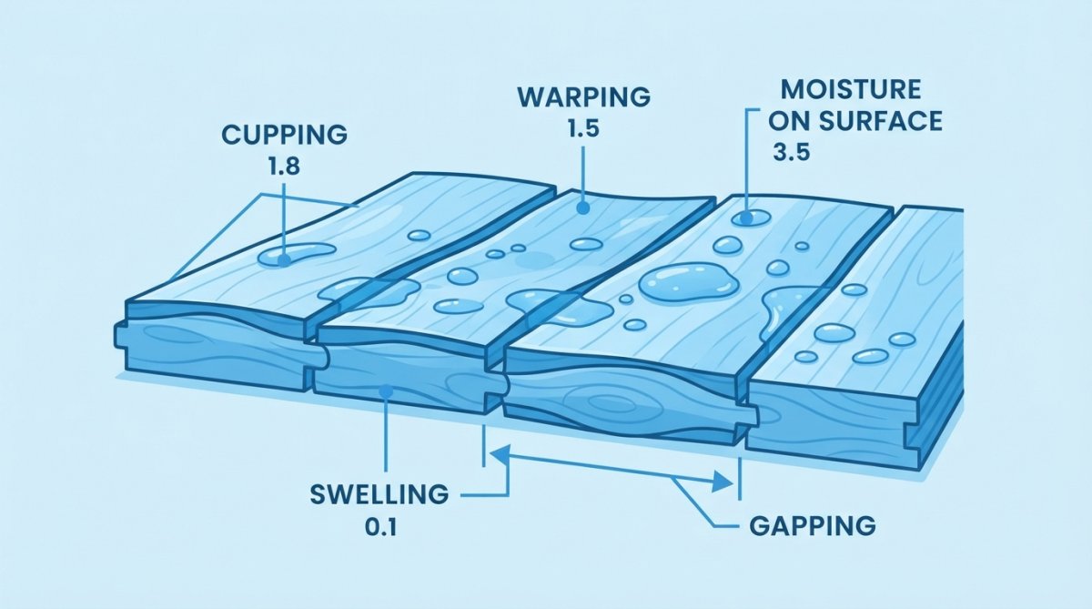Close-up of hardwood floor showing visible cupping and warping damage from water exposure, with moisture beading on the wood surface