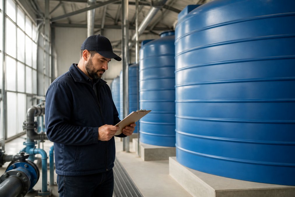 Operations manager in an industrial facility reviewing a clipboard next to large industrial water storage tanks, bright daylight through warehouse windows