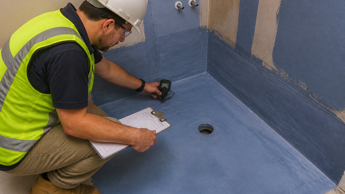 A builder in safety gear inspecting a bathroom waterproofing membrane with a moisture meter, clipboard in hand, before tiles are laid