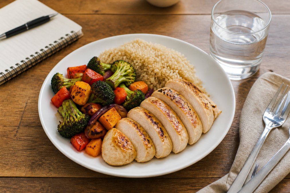 A balanced meal plate featuring grilled chicken breast, roasted vegetables, and whole grains on a wooden table with a glass of water and a notebook nearby