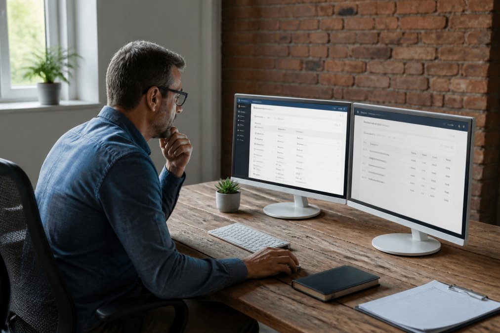 Small business owner reviewing WordPress security settings on computer screen in modern office with natural window lighting
