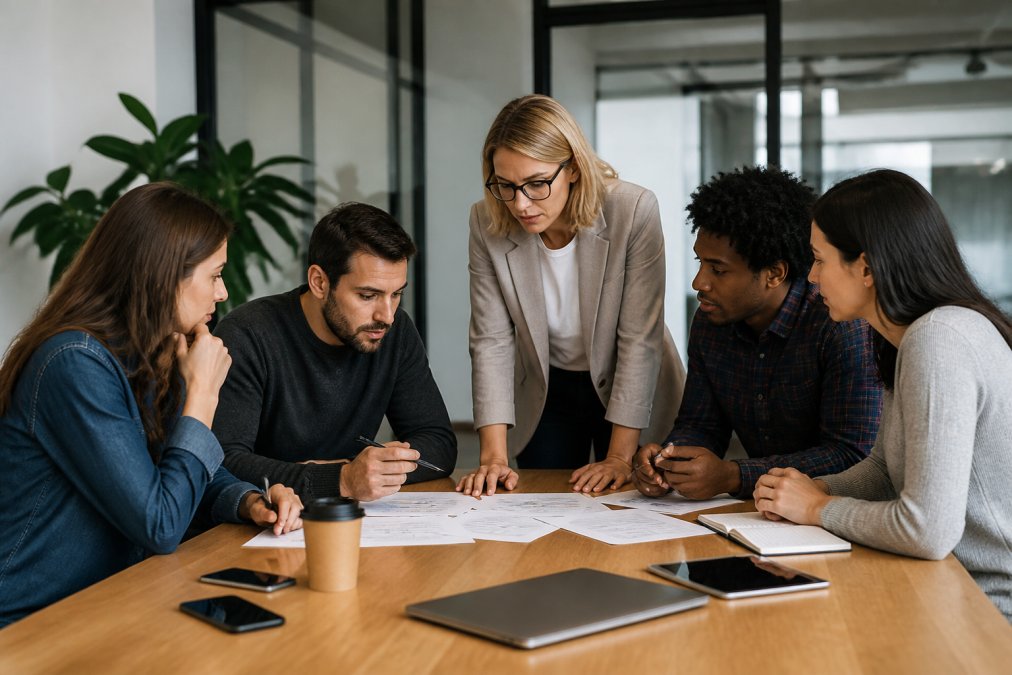 Small business team collaborating on incident response, gathered around table with laptops and documents in modern office setting