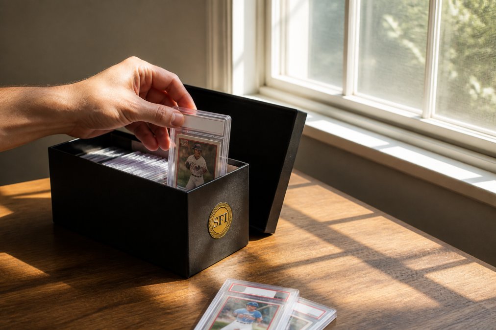 A collector's hand placing a graded trading card slab into an opaque storage box near a window, afternoon sunlight casting shadows in the background
