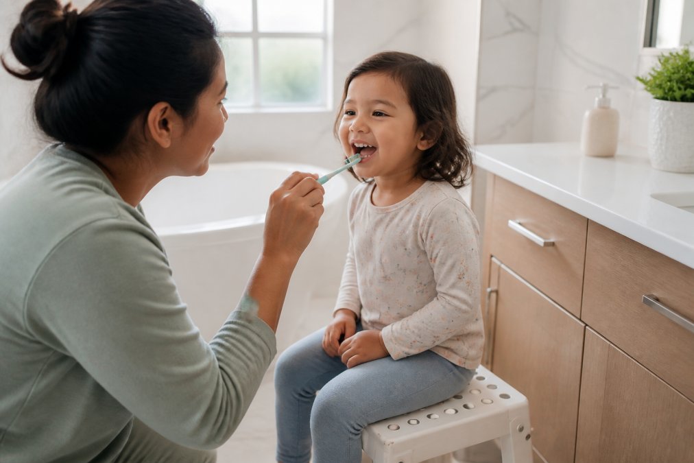 A parent gently brushing a smiling toddler's teeth in a bright bathroom, child sitting comfortably on a step stool, soft morning light through the window
