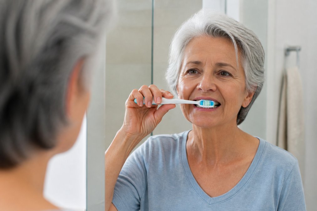 Senior adult demonstrating proper brushing technique with a soft-bristled toothbrush at a bathroom sink, showing hand positioning and angle for gentle, thorough cleaning