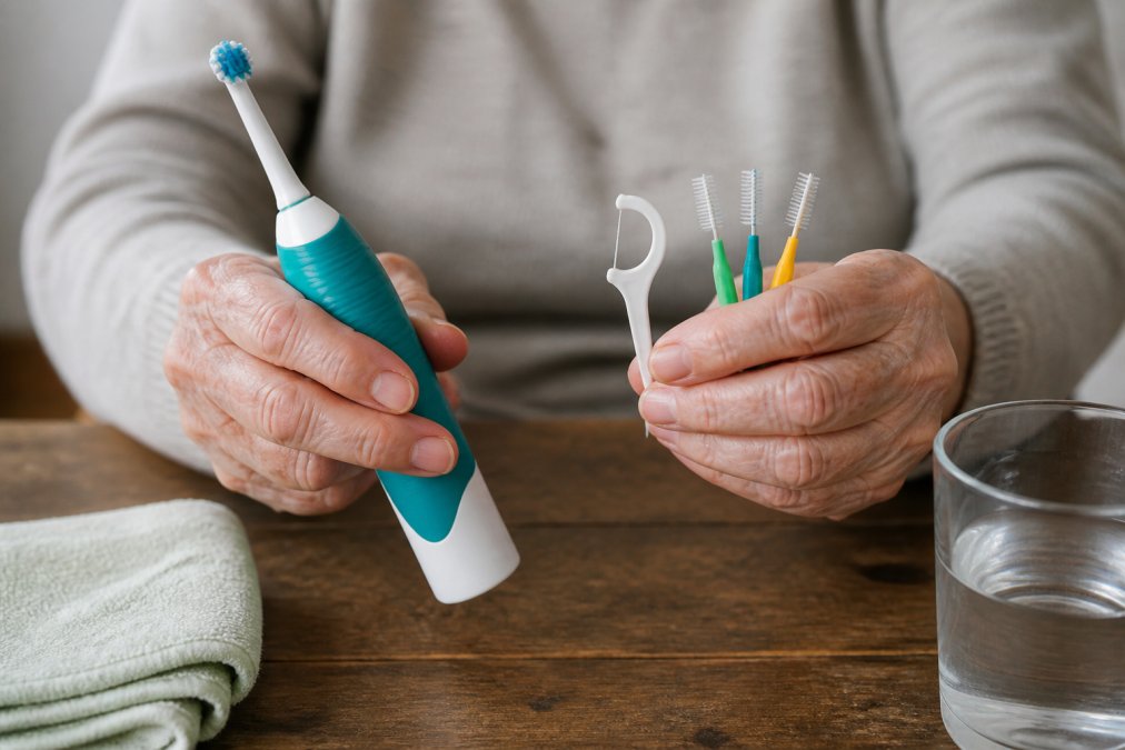 Close-up of adaptive dental care tools including an electric toothbrush with thick grip, floss holder, and interdental brushes being held by hands with visible age spots