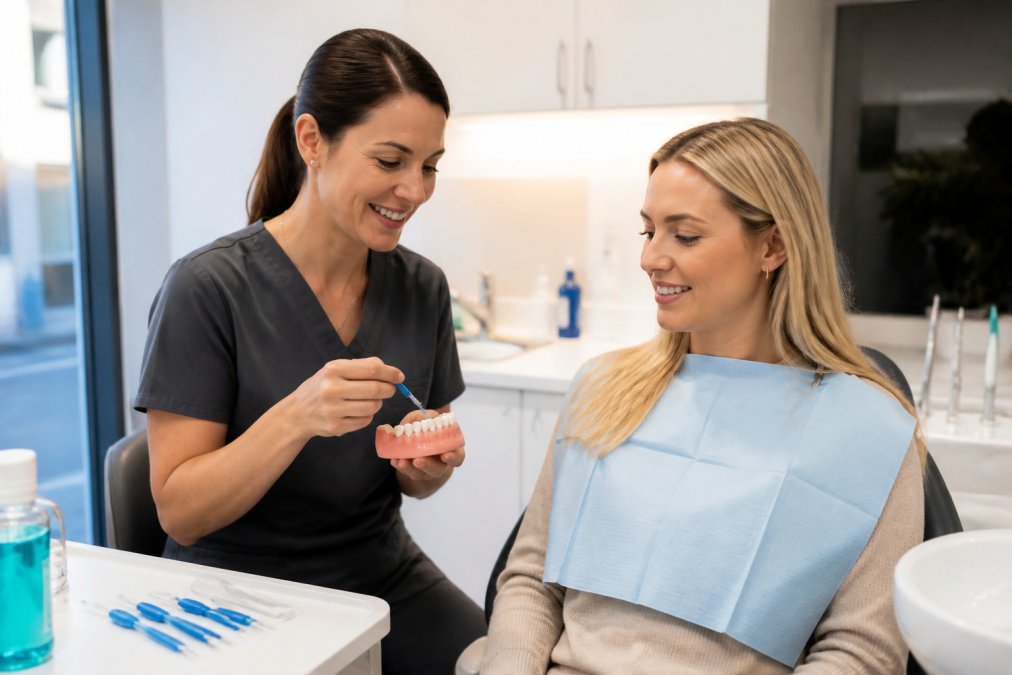 A dental hygienist in a bright, modern treatment room showing a patient how to use interdental brushes, with a calm and reassuring expression on both faces