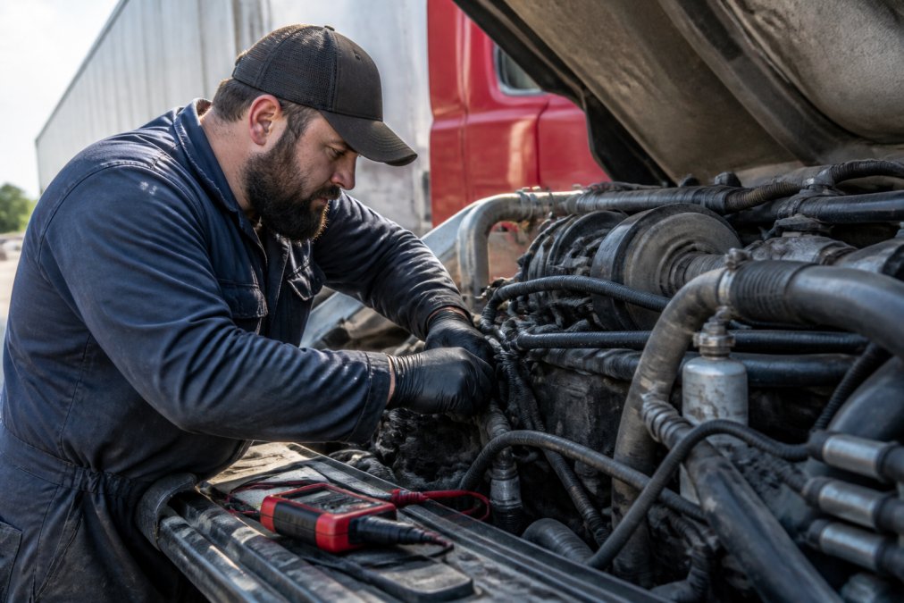 Experienced diesel technician performing visual inspection of a heavy-duty truck engine bay, checking hoses and connections with diagnostic tools nearby