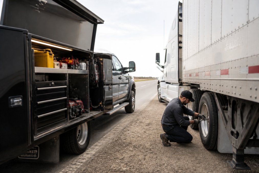 Mobile service truck equipped with tools and computer diagnostics parked alongside a semi-truck on the roadside, technician working at the truck's side