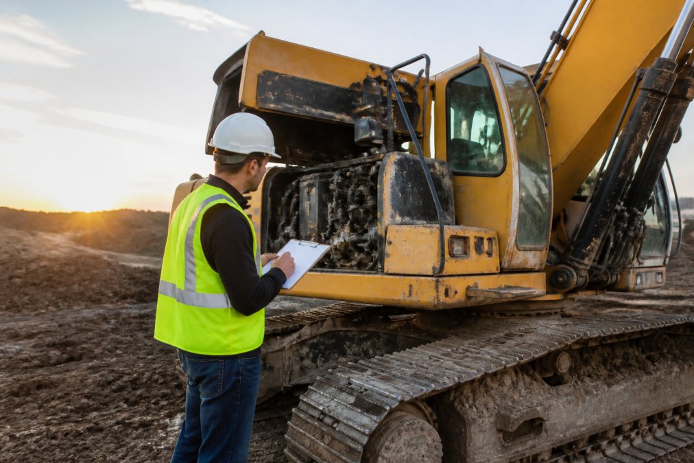 A heavy equipment operator in a safety vest and hard hat performing a walkaround inspection on an excavator at a construction site, clipboard in hand, early morning light