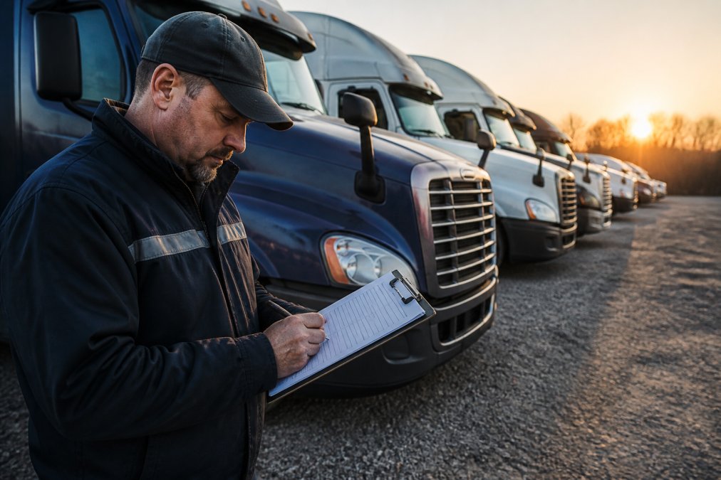 A fleet manager in a work jacket reviewing a paper maintenance log on a clipboard beside a row of parked semi-trucks at a gravel yard in early morning light
