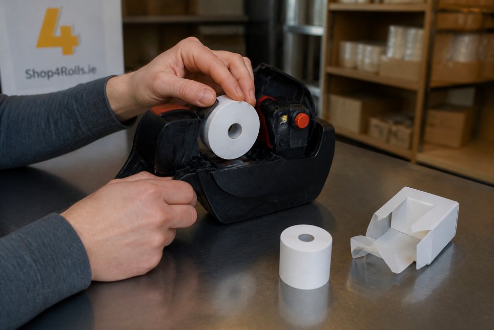 Hands loading a new roll of stickers into an open price label gun on a shop counter with spare supplies nearby