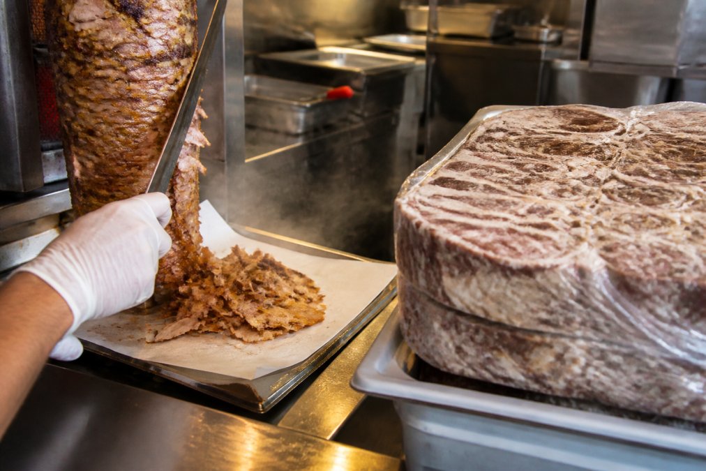 Chef's hands in white gloves slicing golden-brown, freshly cooked gyro meat from a vertical rotisserie spit onto white parchment paper in a busy restaurant kitchen, with steam rising and warm overhead lighting