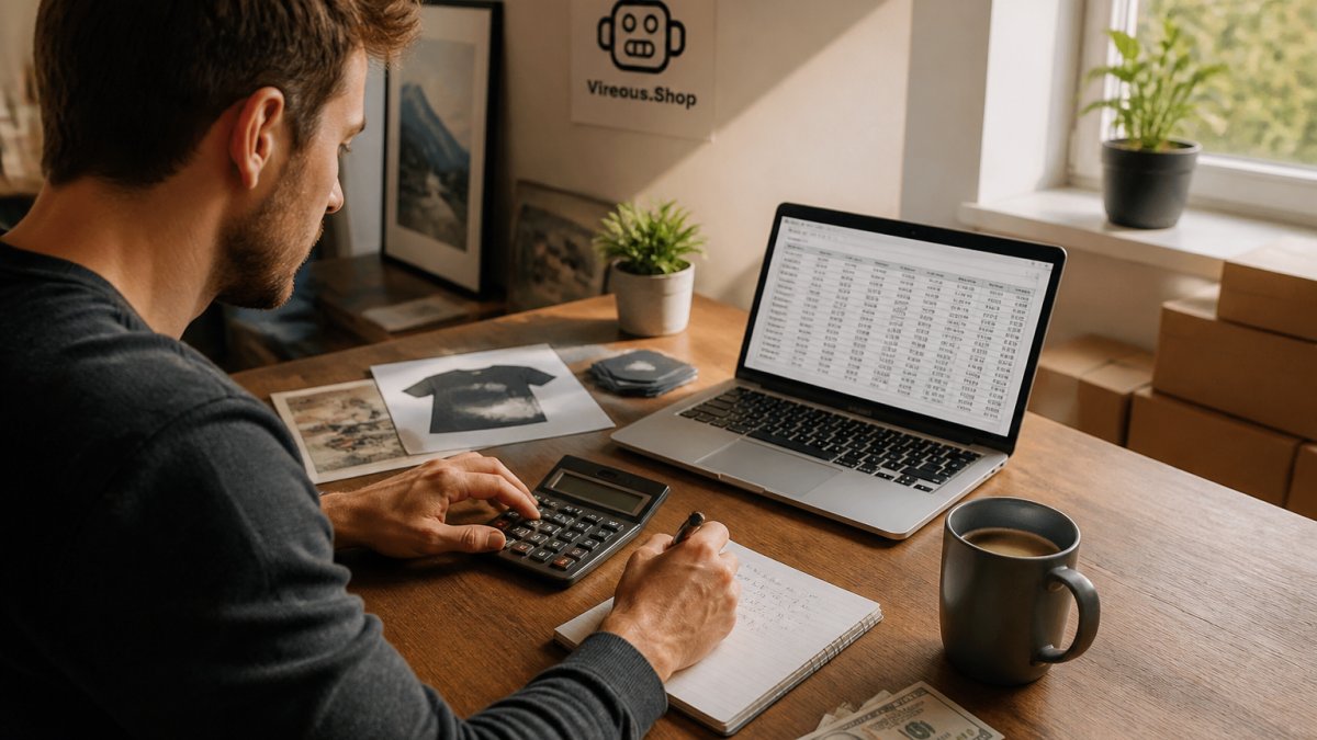 Creator reviewing a pricing spreadsheet on a laptop at a sunlit desk