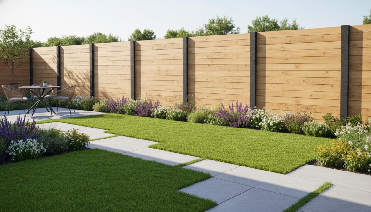 Nette achtertuin op een zonnige middag met een moderne hout beton schutting van geïmpregneerd grenen tussen antraciet betonpalen, weelderig groen langs de schutting en een terrastegel-pad op de voorgrond