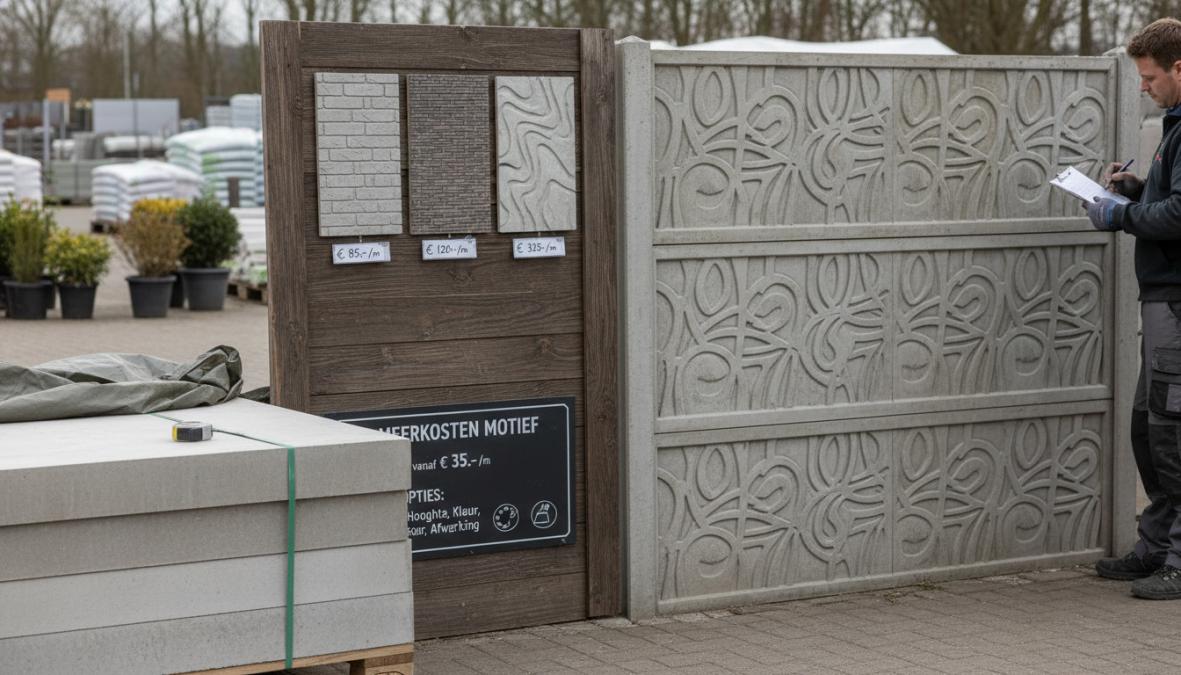 Close-up van een betonschutting met reliëfmotief in antraciet kleur, geplaatst langs een tuingrens met lage groene beplanting op de achtergrond, gefotografeerd in zacht middaglicht