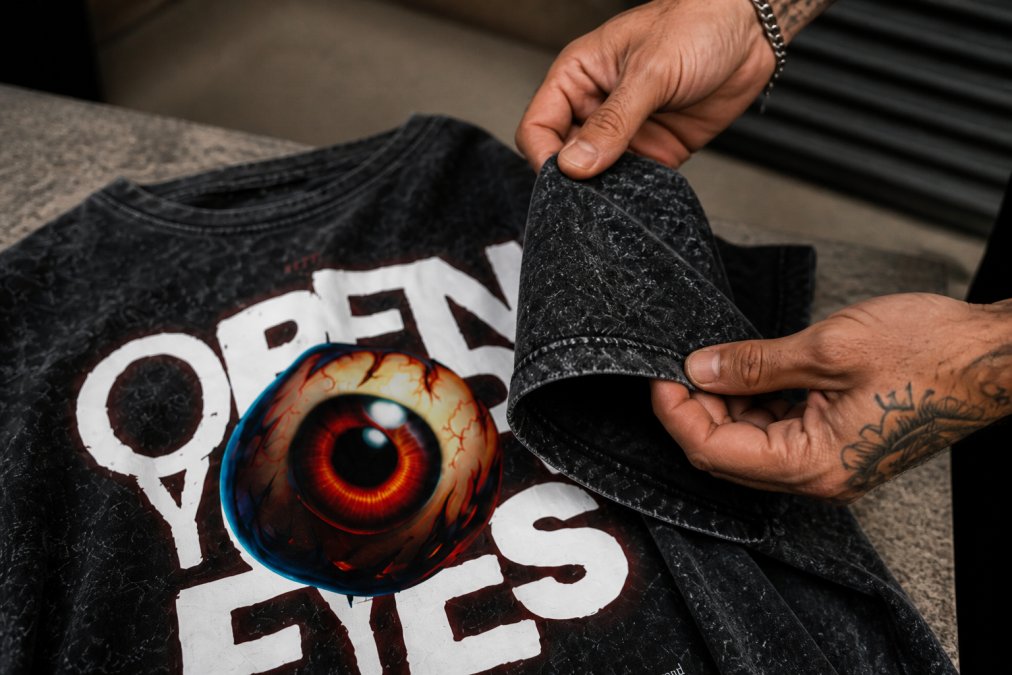 Hænder mærker på og undersøger en kraftig streetwear-T-shirt i bomuld med synlig stofstruktur og vævedetaljer i naturligt lys