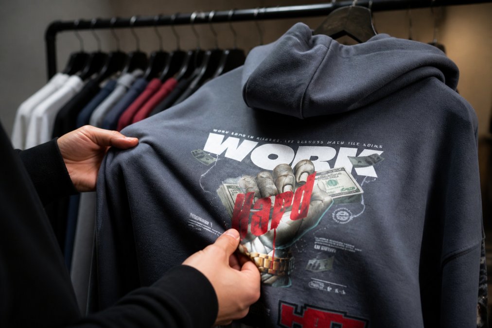 Une personne examine en détail différents tissus de streetwear : ses mains explorent la texture du coton et des mélanges de polyester, évaluent l’épaisseur et la densité de différents sweats à capuche et t-shirts, gros plan sur le bout des doigts touchant la surface du tissu sous une lumière naturelle