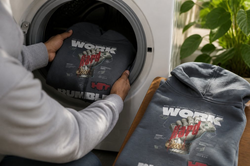 Une personne lave et entretient soigneusement un hoodie streetwear haut de gamme en détail : ses mains lavent le hoodie à l’eau froide dans une machine à laver, le fil et la texture deviennent visibles, puis le hoodie est séché délicatement à plat à la lumière naturelle du jour