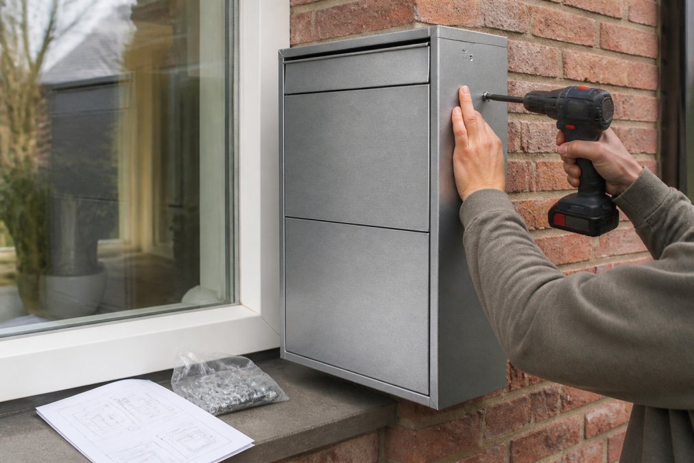 Handen die een gegalvaniseerde pakketbrievenbus aan een bakstenen voorgevel bevestigen met boormachine, met instructiehandleiding en bevestigingsmateriaal zichtbaar op het raam