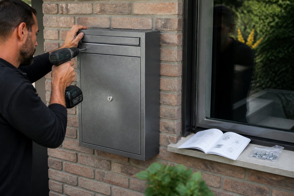 Iemand monteert een luxe pakketbrievenbus aan een bakstenen gevel, wat invloed heeft op de prijs van luxe pakketbrievenbus