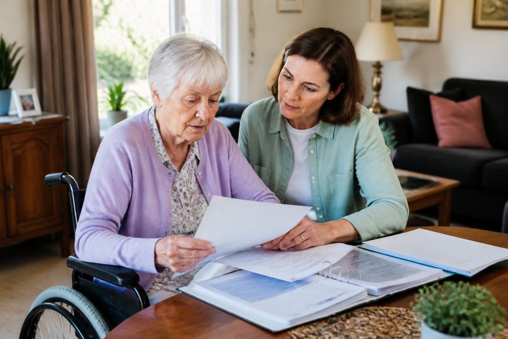 Een oudere vrouw in een rolstoel en haar mantelzorger bekijken samen documenten aan een eettafel in een huiselijke woonkamer, met een map en formulieren op tafel