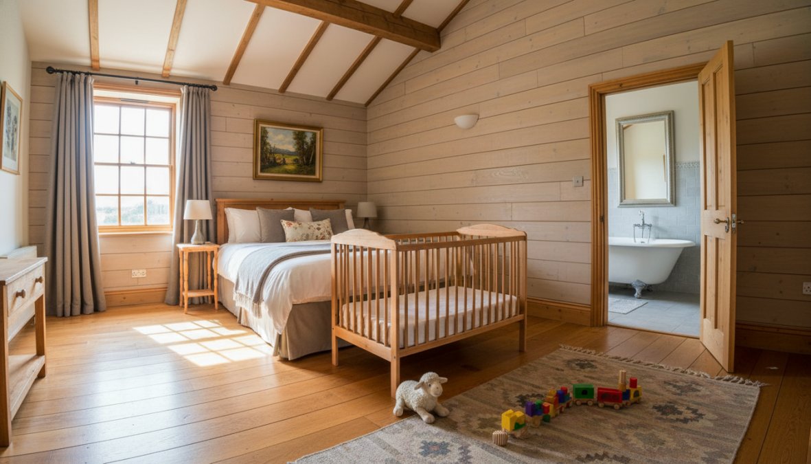 Een ruime, lichte familiekamer in een landelijke B&B met een opgemaakt tweepersoonsbed, een extra kinderbed en speelgoed op de grond, sfeervolle houten details en eigen sanitair zichtbaar op de achtergrond