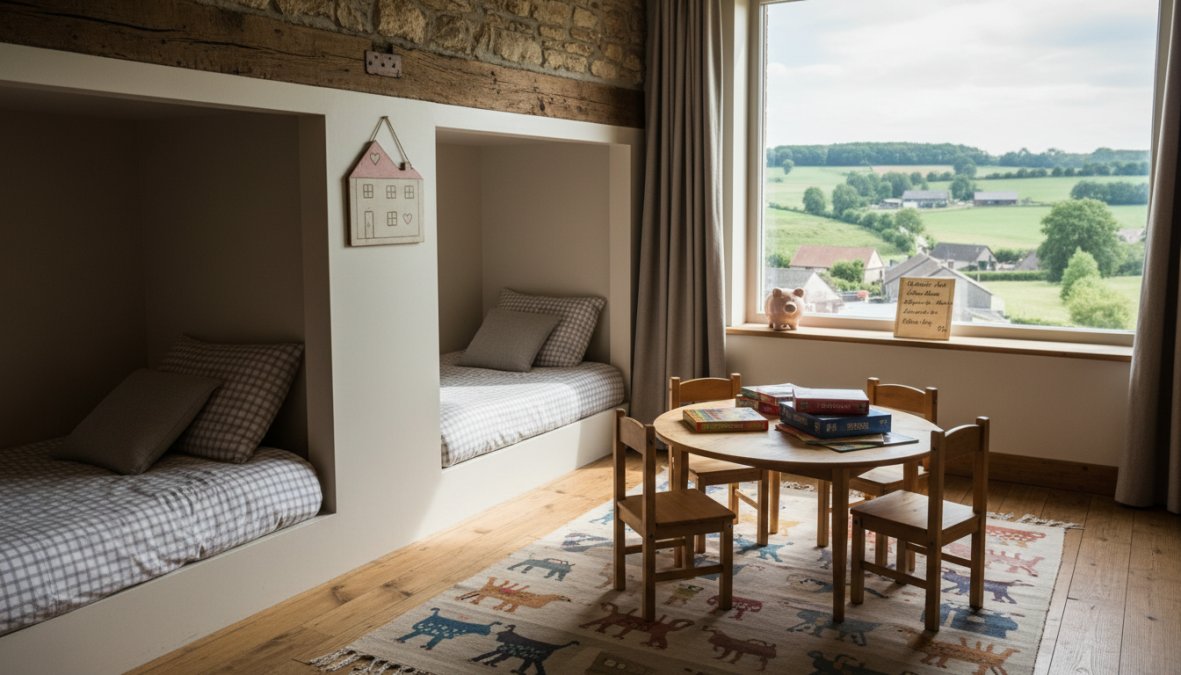 Twee jonge kinderen die vrolijk spelen in een omheinde groene tuin van een hoeve-B&B, met een speeltuin op de achtergrond en ouders die ontspannen op een terras zitten in de late namiddag zon