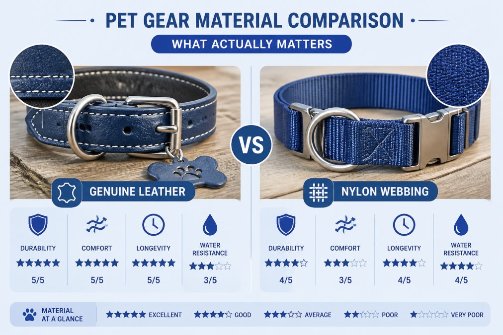 Close-up of genuine leather dog collar showing texture and stitching detail next to durable nylon webbing with stainless steel hardware, arranged on wooden surface with natural lighting