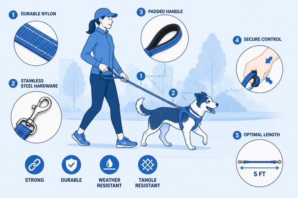 Pet owner walking medium-sized dog on durable nylon leash with stainless steel hardware in bright outdoor setting, showing proper leash grip and dog control