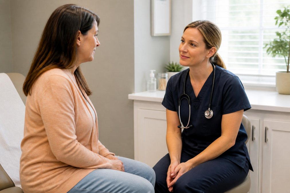 A patient sitting in a comfortable primary care exam room, talking with a nurse practitioner who is listening attentively, warm and calm clinical setting with natural light