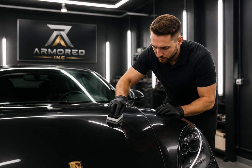 A ceramic coating technician in a professional detailing bay applying coating to a luxury sports car hood with a foam applicator, bright workshop lighting