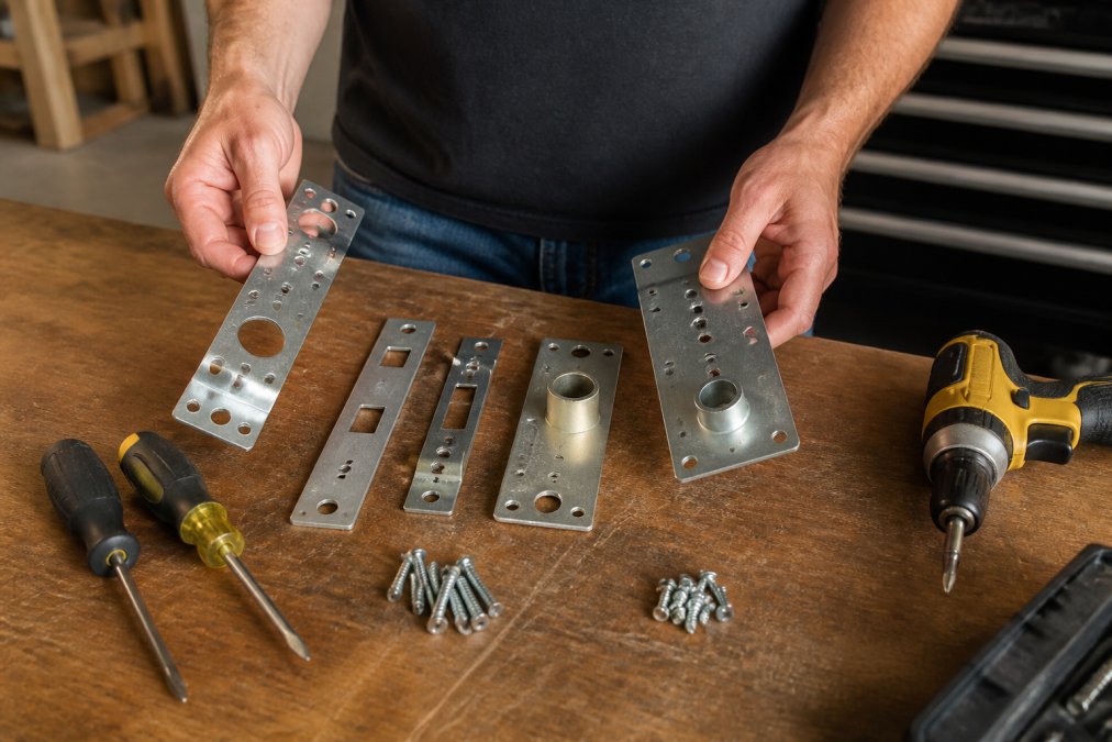 Close-up of a homeowner's hands comparing two different metal door reinforcement kits laid out on a workbench, with screwdrivers and a drill nearby, warm workshop lighting
