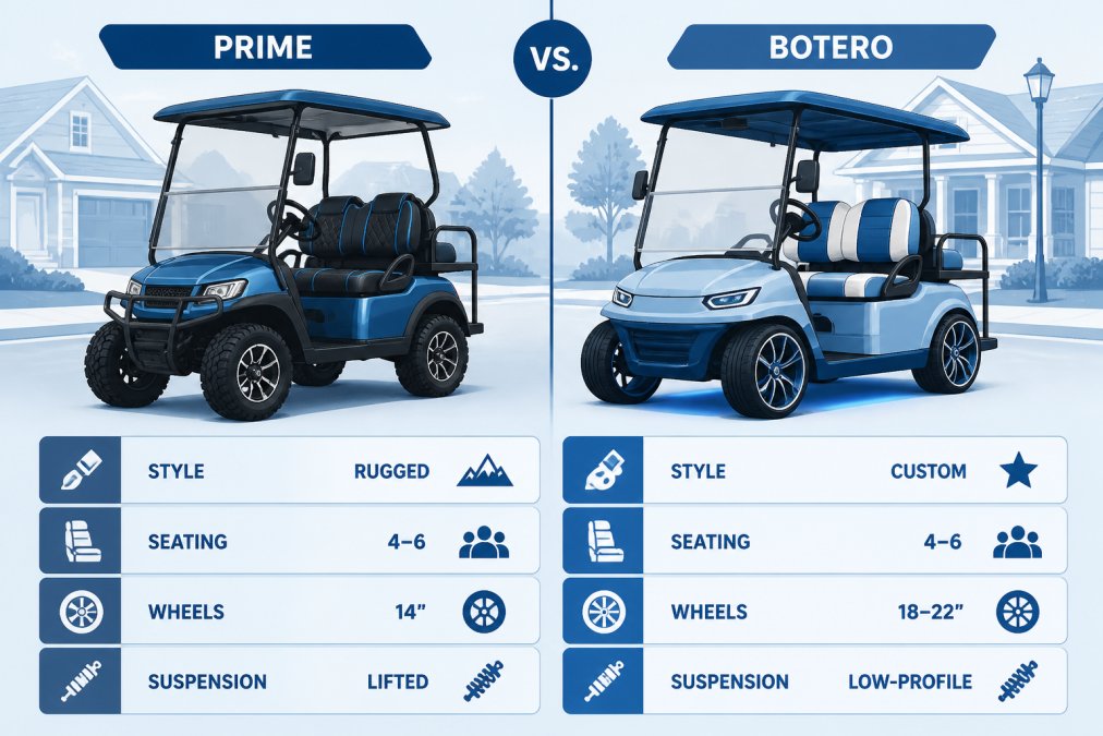 Two different golf carts parked side-by-side in a residential neighborhood setting, showing exterior design and customization differences
