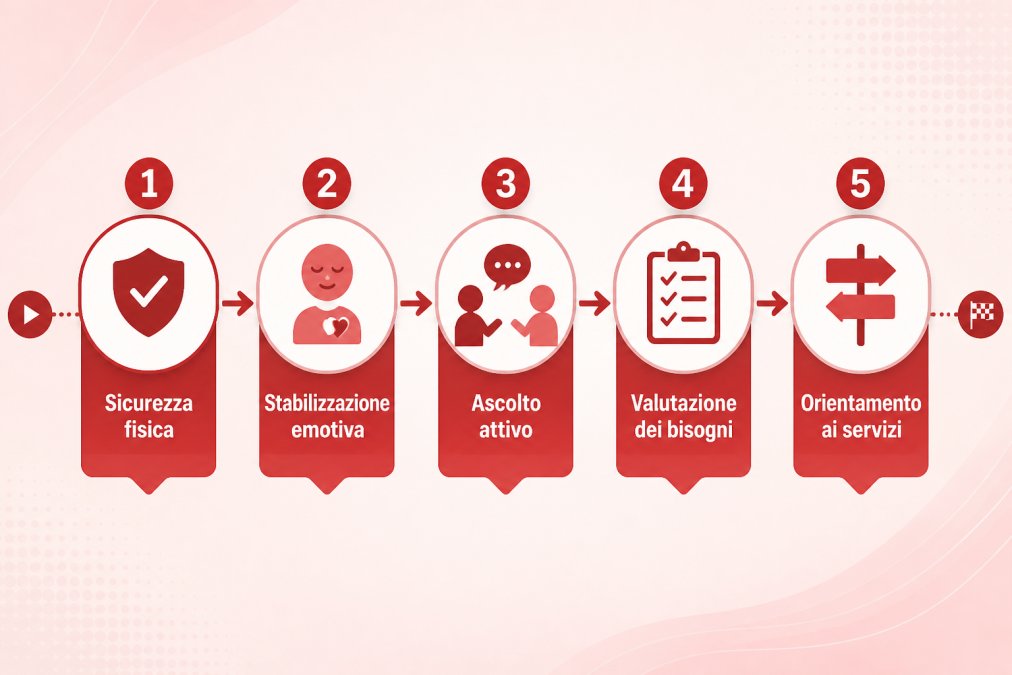 Flowchart showing the 5 sequential phases of psychological first aid intervention: 1) Sicurezza fisica, 2) Stabilizzazione emotiva, 3) Ascolto attivo, 4) Valutazione dei bisogni, 5) Orientamento ai servizi