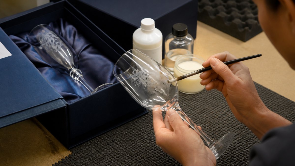 Professional applying protective waterproof sealant or topcoat to a printed glassware surface with precision brush, showing finished etched glassware and coating materials on work surface