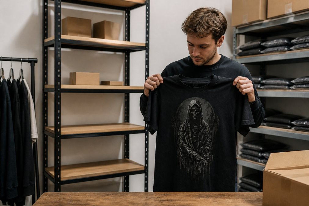 Warehouse worker holding a single printed t-shirt with dark graphic design, surrounded by empty shelves and minimal organized storage, showing efficient use of space