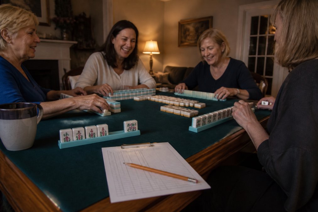 Four women seated around a card table playing American Mahjong, printed score sheet and pencil in the foreground, ceramic tiles arranged on racks, warm lamp light in a cozy living room